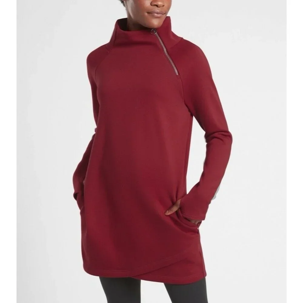 Athleta Cozy Karma Mock Neck Sweatshirt Red Dress Size Medium Tall